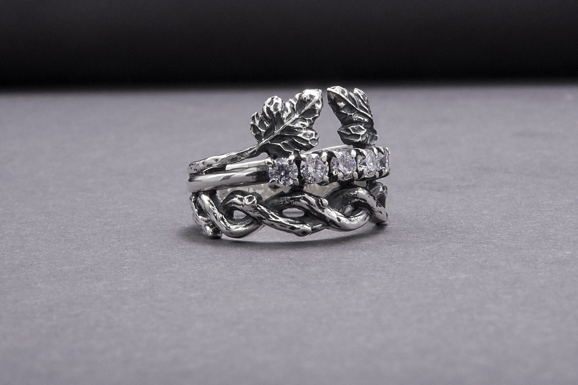 Modern 925 Silver Chain Ring With Leaves and Gems, Handmade Jewelry - vikingworkshop