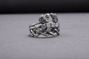 Modern 925 Silver Chain Ring With Leaves and Gems, Handmade Jewelry - vikingworkshop