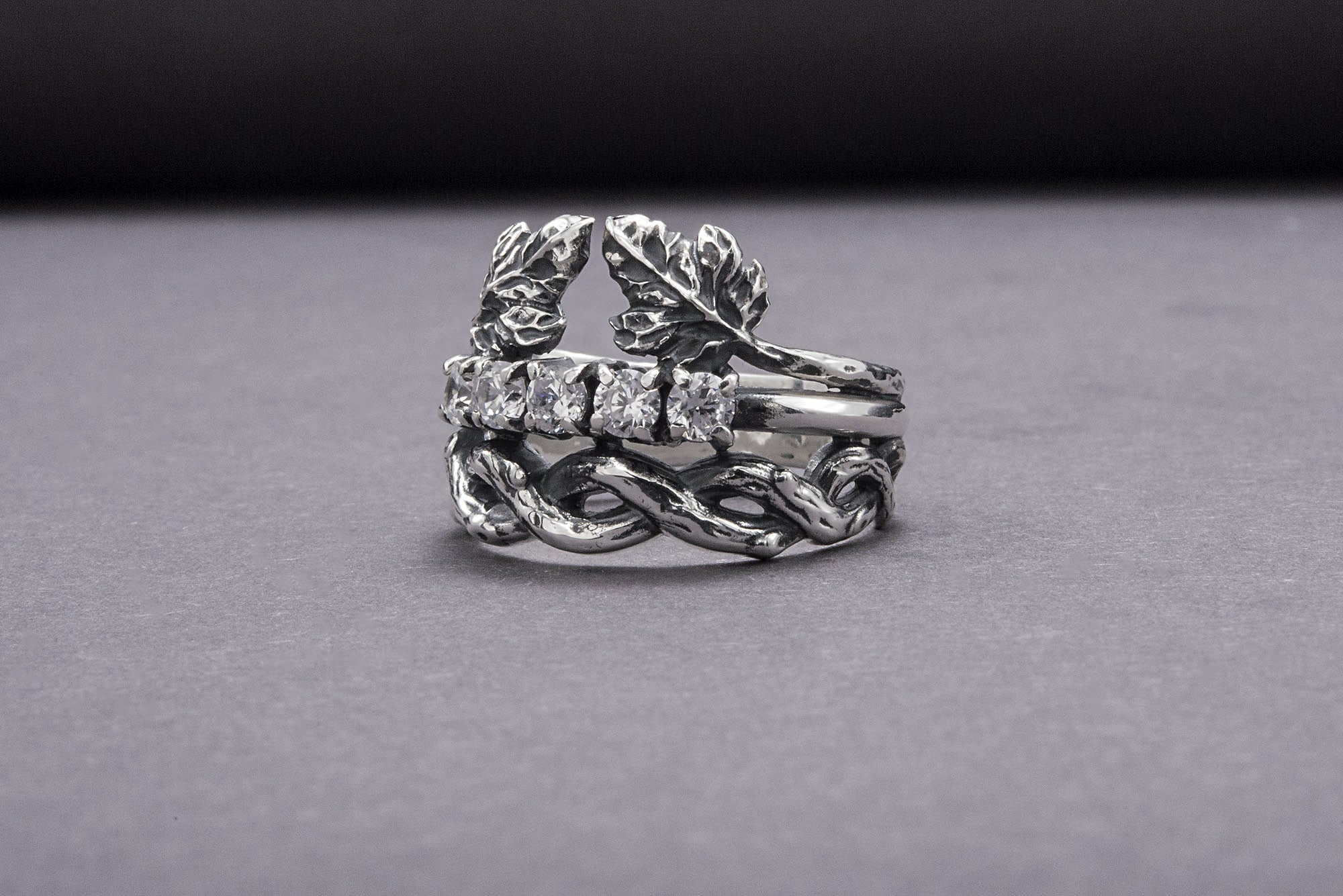 Modern 925 Silver Chain Ring With Leaves and Gems, Handmade Jewelry - vikingworkshop