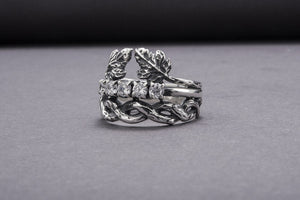 Modern 925 Silver Chain Ring With Leaves and Gems, Handmade Jewelry - vikingworkshop