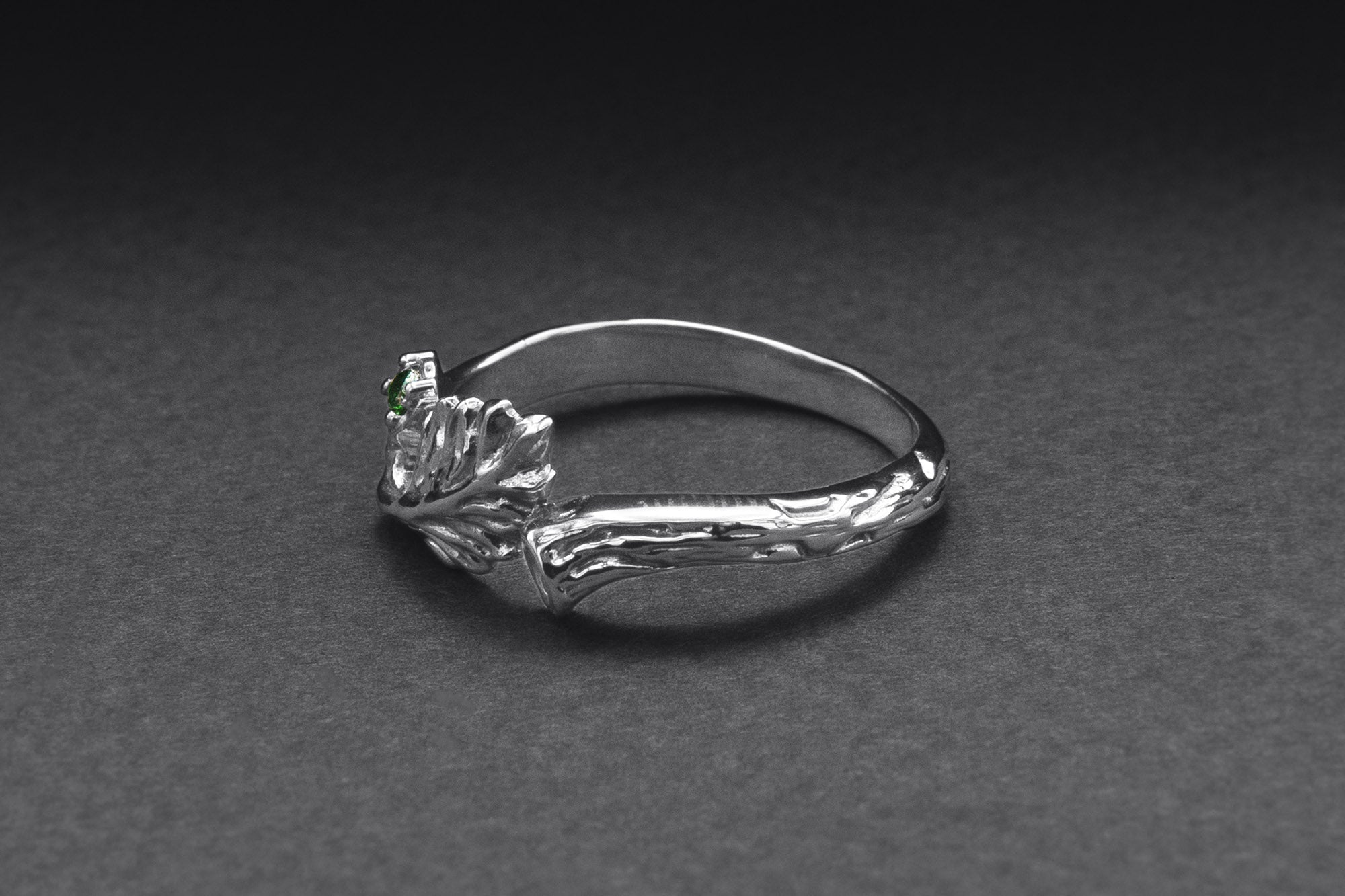 950 Platinum Branch Ring with Leaves and Green Gem, Unique Handmade Jewelry - vikingworkshop