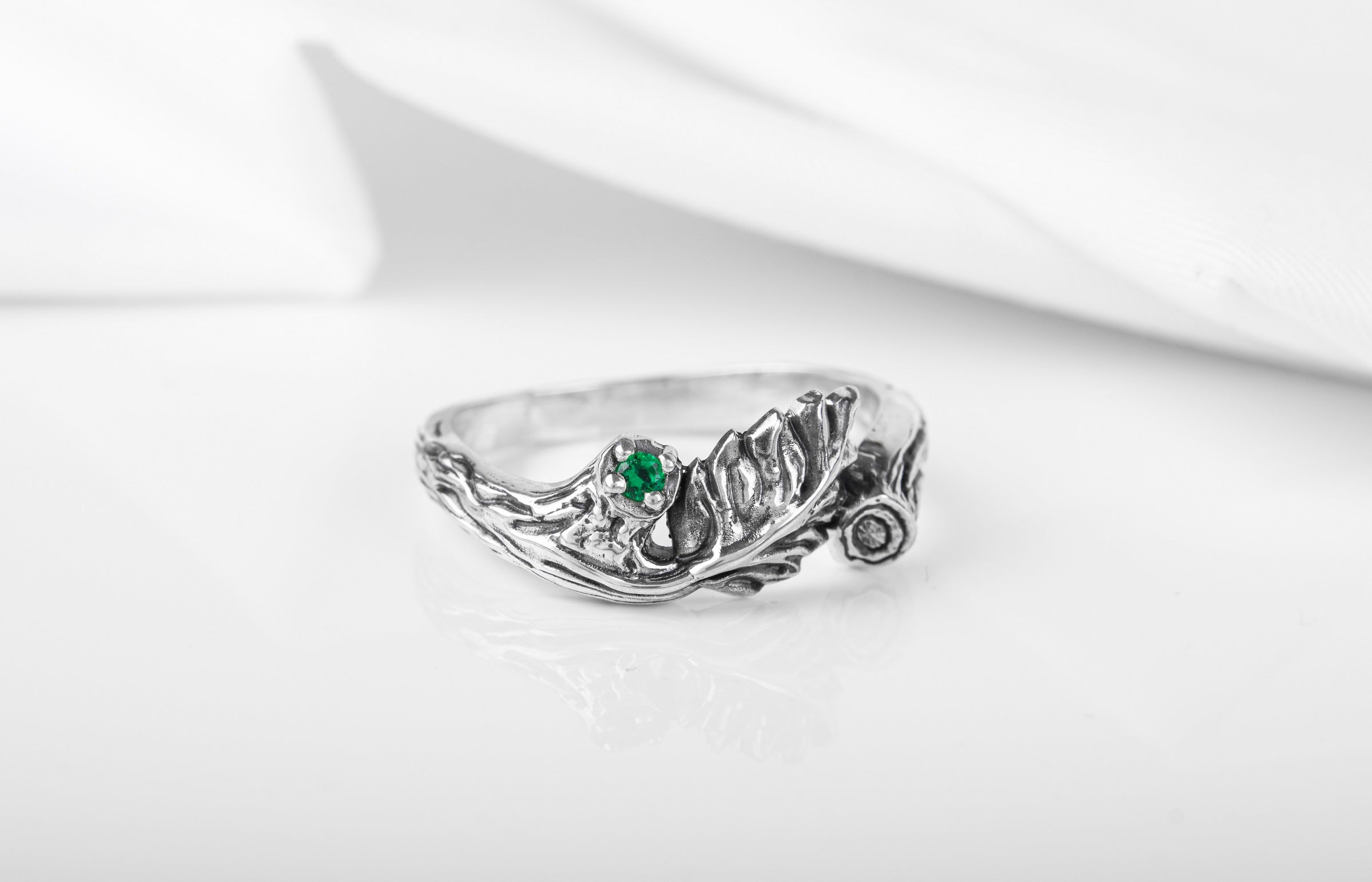 Sterling Silver Branch Ring with Leaves and Green Gem, Unique handmade Jewelry - vikingworkshop