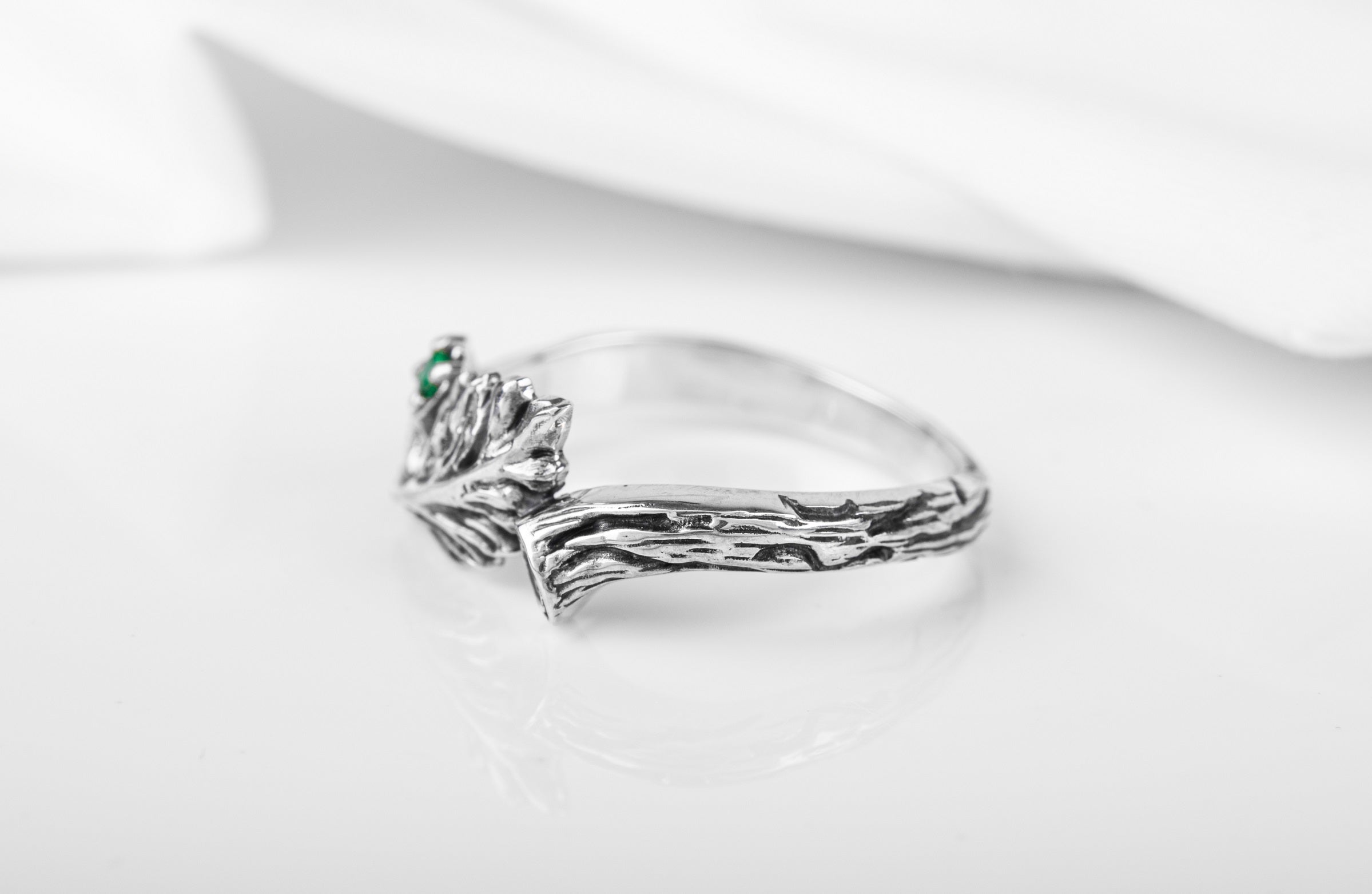 Sterling Silver Branch Ring with Leaves and Green Gem, Unique handmade Jewelry - vikingworkshop