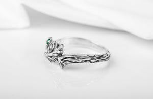 Sterling Silver Branch Ring with Leaves and Green Gem, Unique handmade Jewelry - vikingworkshop