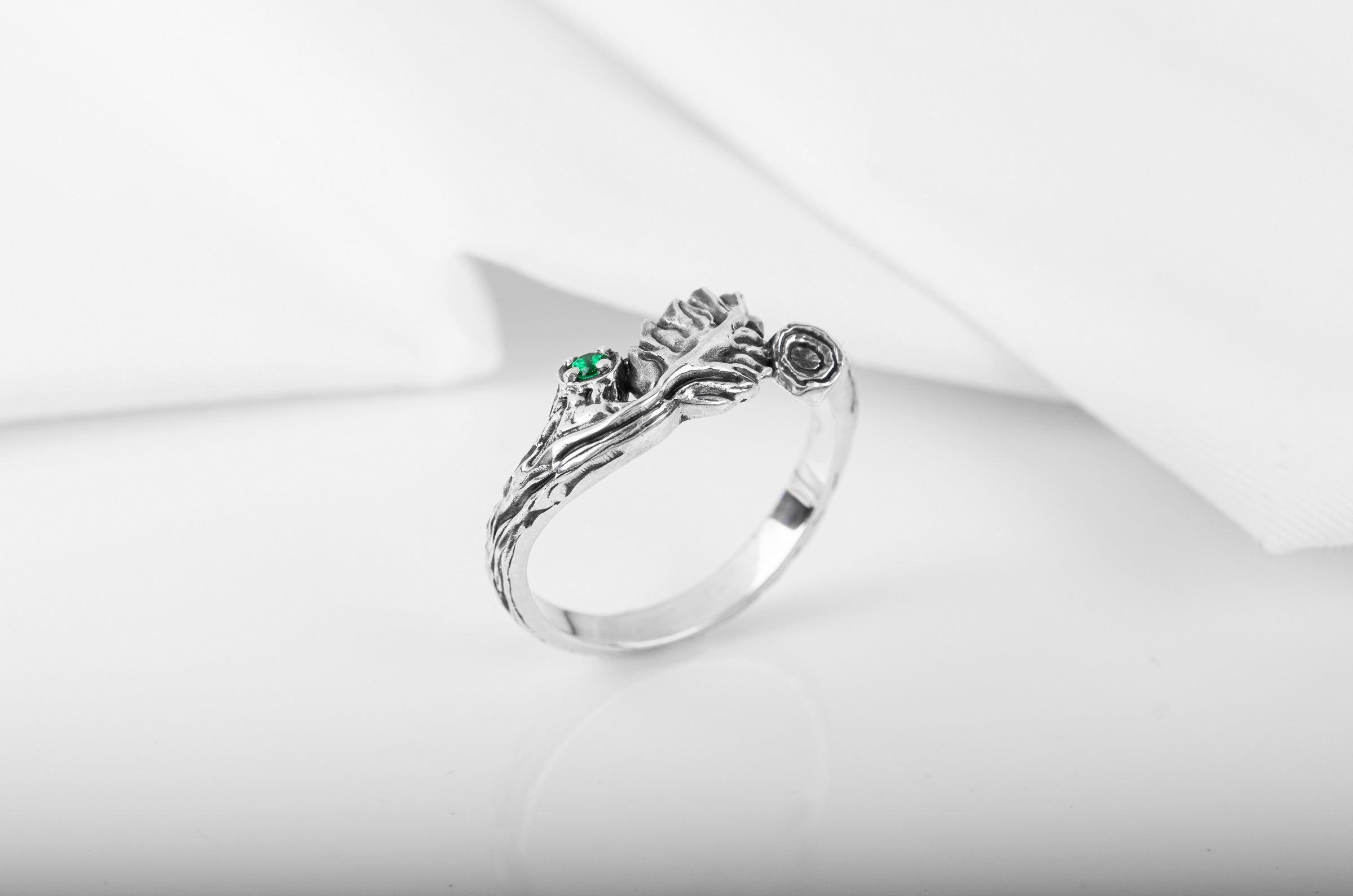 Sterling Silver Branch Ring with Leaves and Green Gem, Unique handmade Jewelry - vikingworkshop