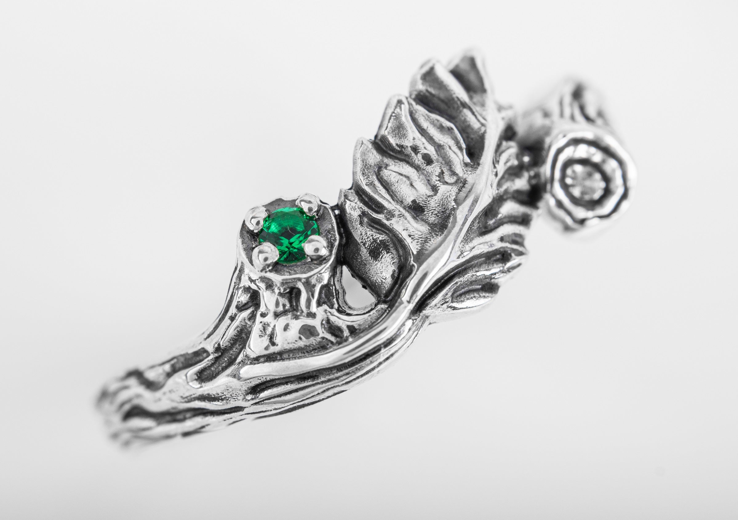 Sterling Silver Branch Ring with Leaves and Green Gem, Unique handmade Jewelry - vikingworkshop