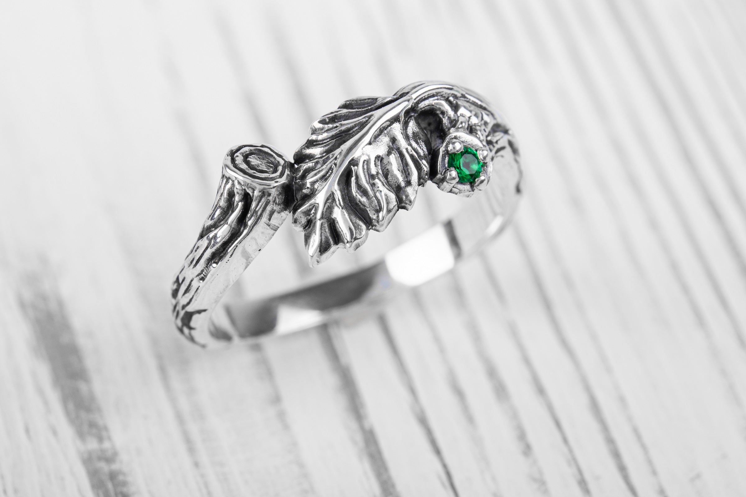 Sterling Silver Branch Ring with Leaves and Green Gem, Unique handmade Jewelry - vikingworkshop