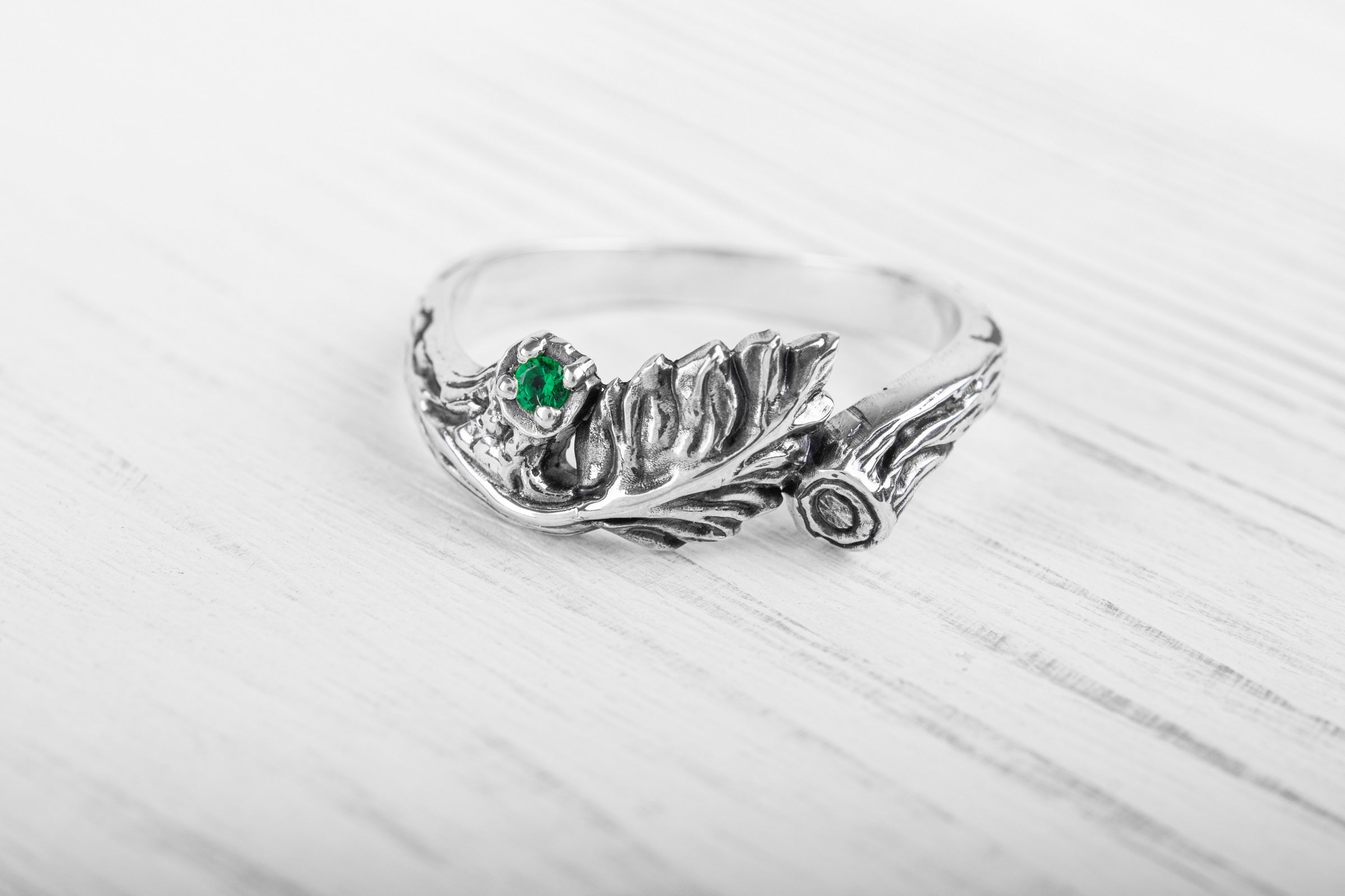 Sterling Silver Branch Ring with Leaves and Green Gem, Unique handmade Jewelry - vikingworkshop