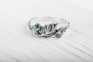 Sterling Silver Branch Ring with Leaves and Green Gem, Unique handmade Jewelry - vikingworkshop