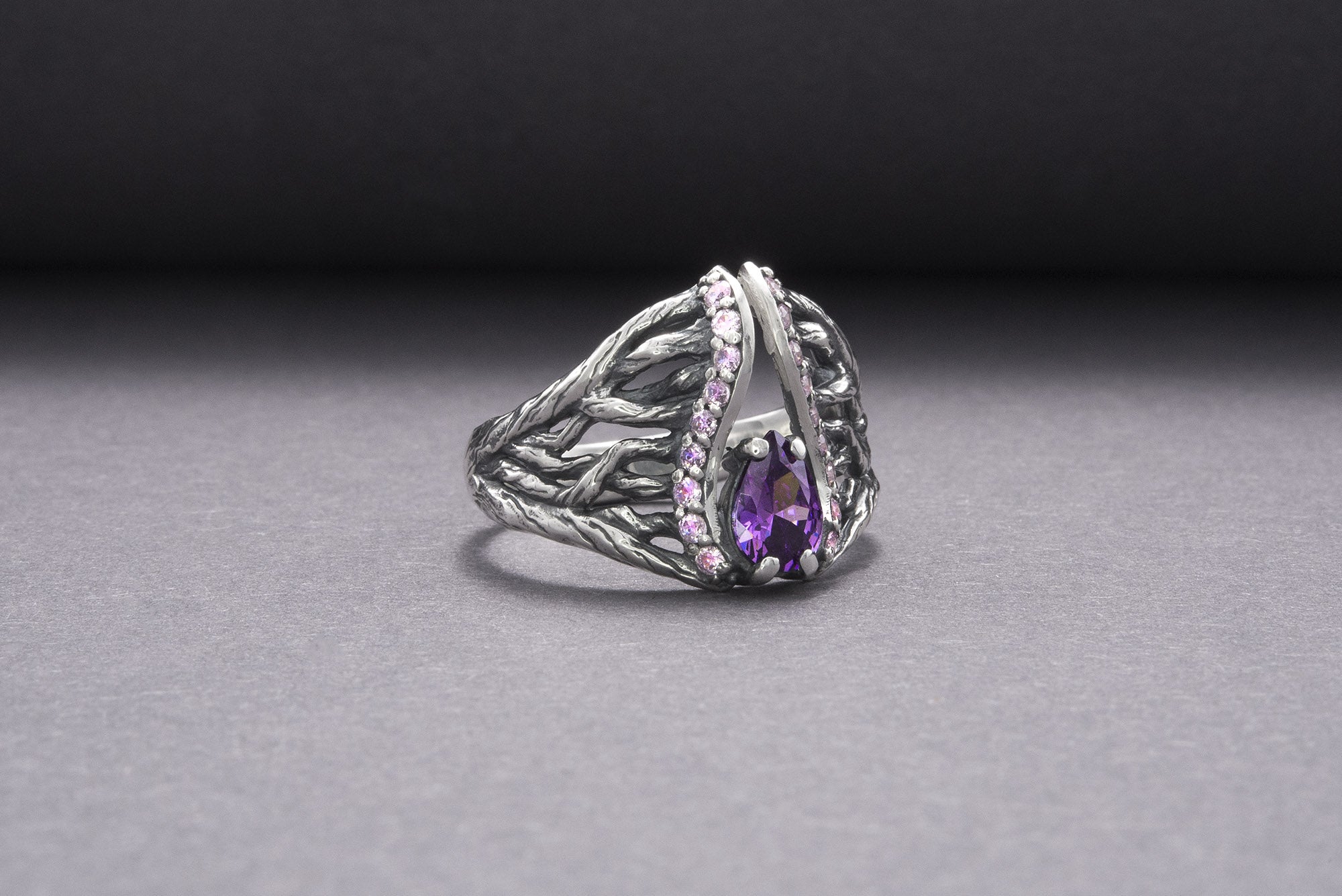 925 Silver Ring With Purple Gems, Unique Handmade Jewelry - vikingworkshop