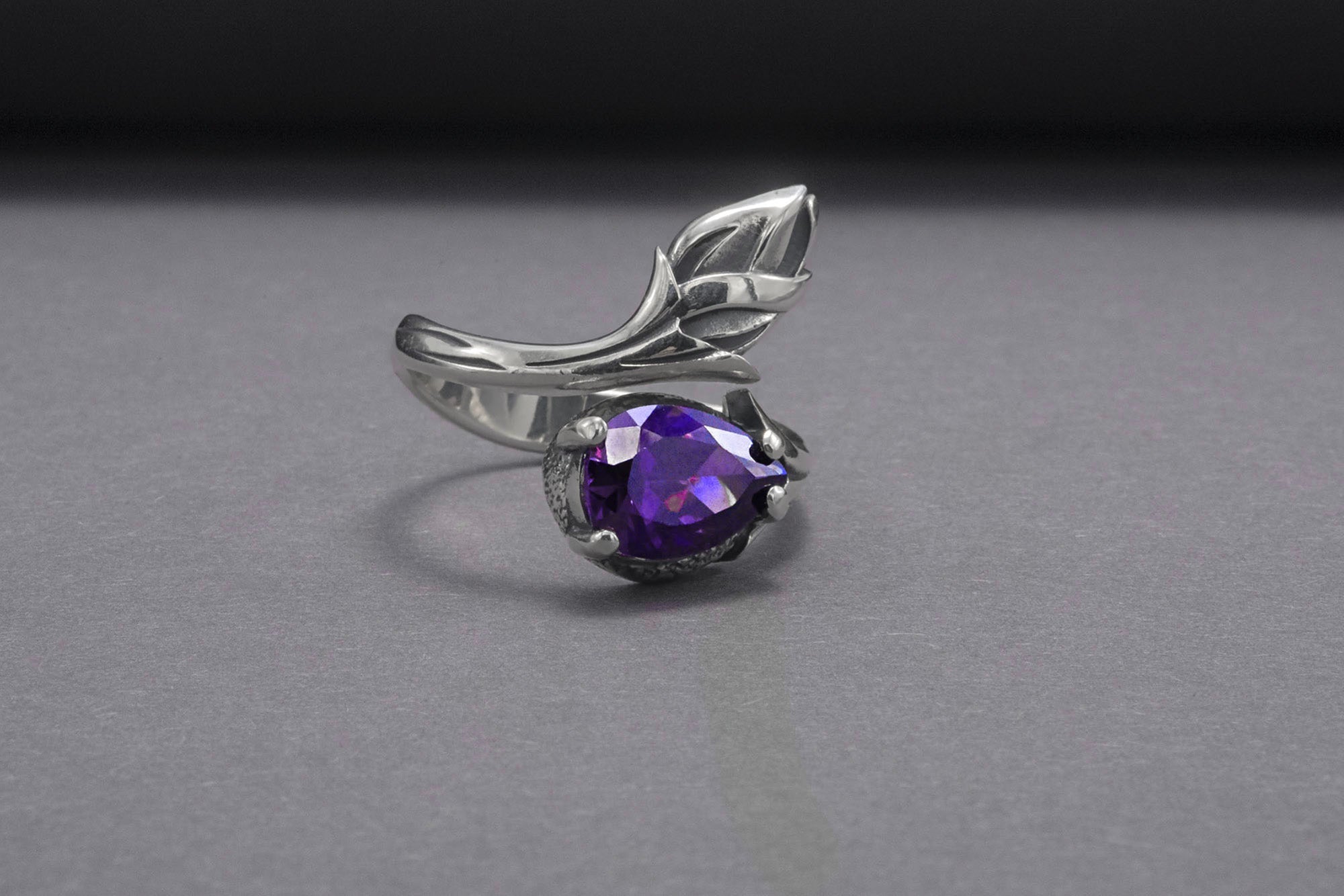 Minimalistic 925 Silver Ring With Tulip And Gem, Unique Handmade Jewelry - vikingworkshop