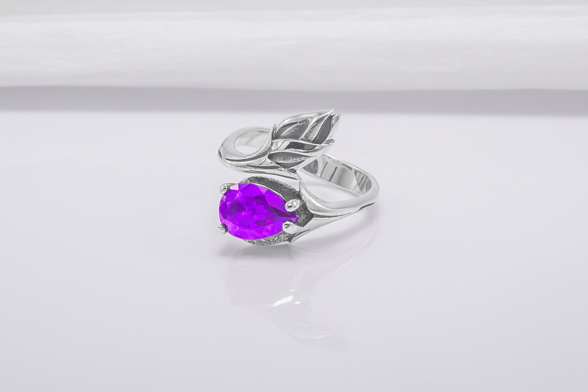 Minimalistic 925 Silver Ring With Tulip And Gem, Unique Handmade Jewelry - vikingworkshop