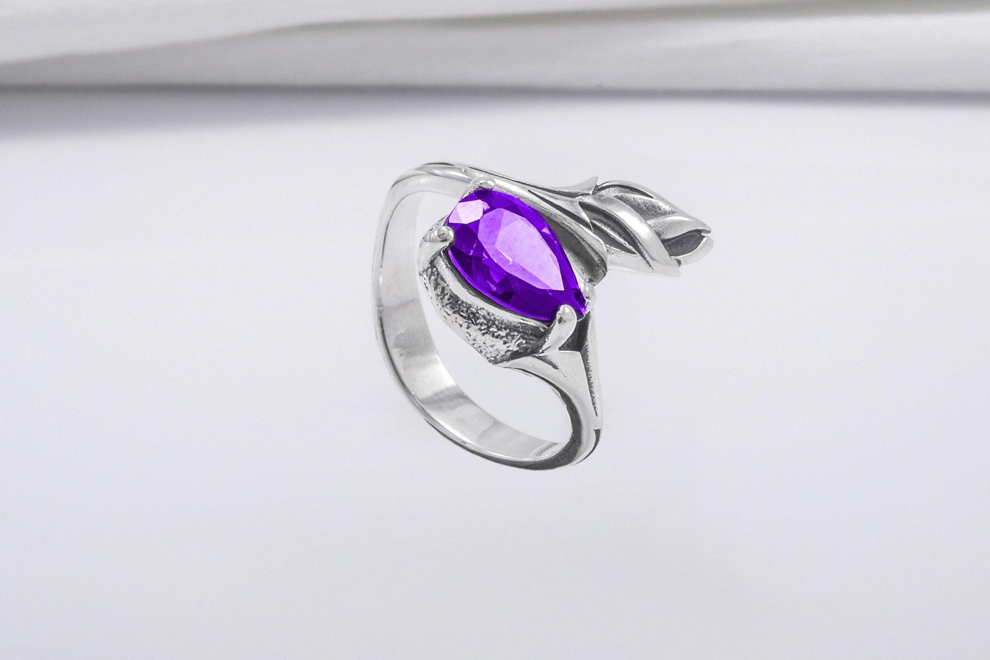 Minimalistic 925 Silver Ring With Tulip And Gem, Unique Handmade Jewelry - vikingworkshop