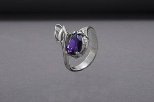 Minimalistic 925 Silver Ring With Tulip And Gem, Unique Handmade Jewelry - vikingworkshop
