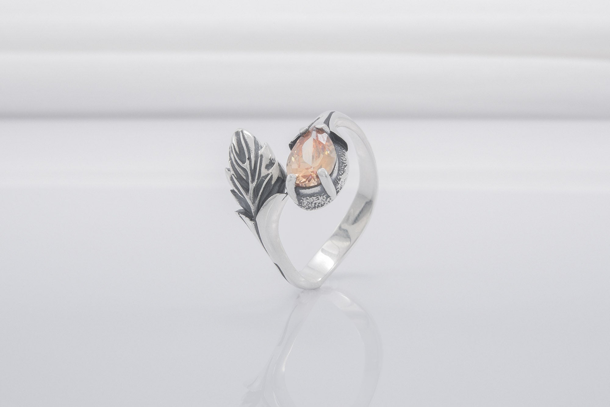 Unique 925 Silver Ring With Leaf And Amber Gem, Handmade Jewelry - vikingworkshop