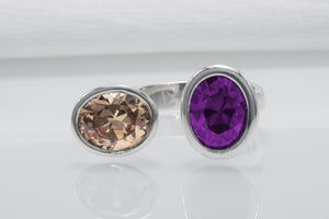 Minimalistic Sterling Silver Ring With Amber And Purple Gems, Handmade Jewelry - vikingworkshop