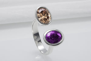 Minimalistic Sterling Silver Ring With Amber And Purple Gems, Handmade Jewelry - vikingworkshop