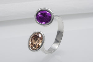 Minimalistic Sterling Silver Ring With Amber And Purple Gems, Handmade Jewelry - vikingworkshop