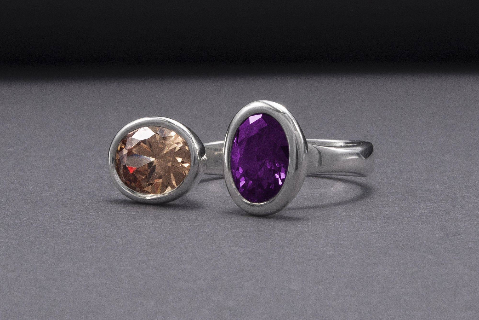 Minimalistic Sterling Silver Ring With Amber And Purple Gems, Handmade Jewelry - vikingworkshop