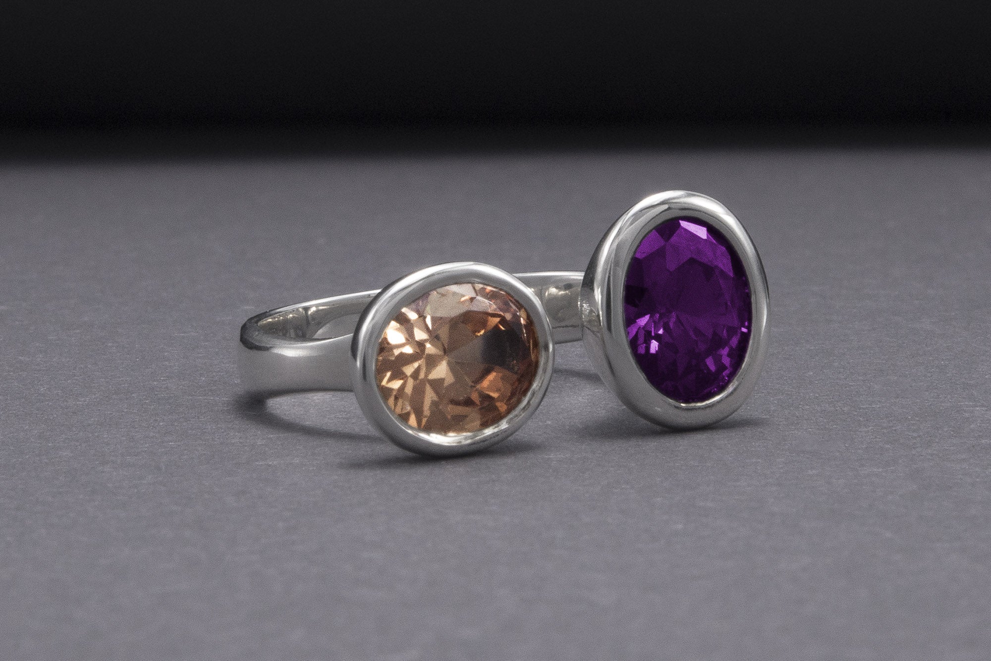 Minimalistic Sterling Silver Ring With Amber And Purple Gems, Handmade Jewelry - vikingworkshop