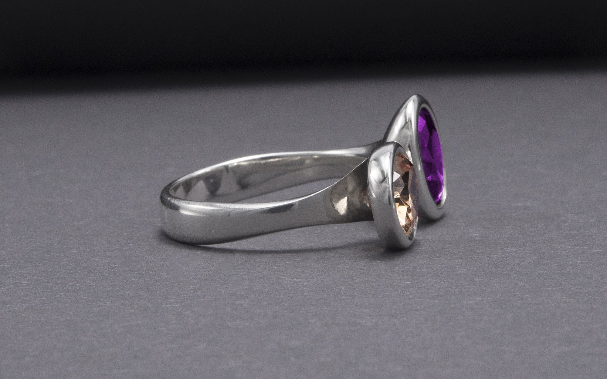 Minimalistic Sterling Silver Ring With Amber And Purple Gems, Handmade Jewelry - vikingworkshop