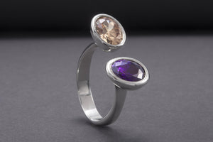 Minimalistic Sterling Silver Ring With Amber And Purple Gems, Handmade Jewelry - vikingworkshop