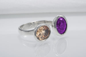 Minimalistic Sterling Silver Ring With Amber And Purple Gems, Handmade Jewelry - vikingworkshop