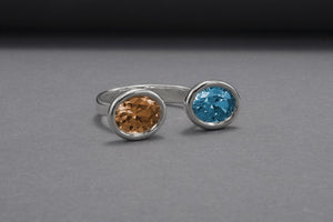 Minimalistic Sterling Silver Ring With Amber And Blue Gems, Handmade Jewelry - vikingworkshop