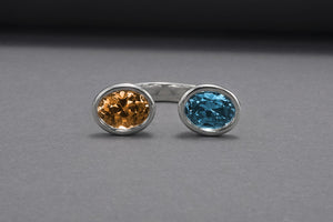 Minimalistic Sterling Silver Ring With Amber And Blue Gems, Handmade Jewelry - vikingworkshop