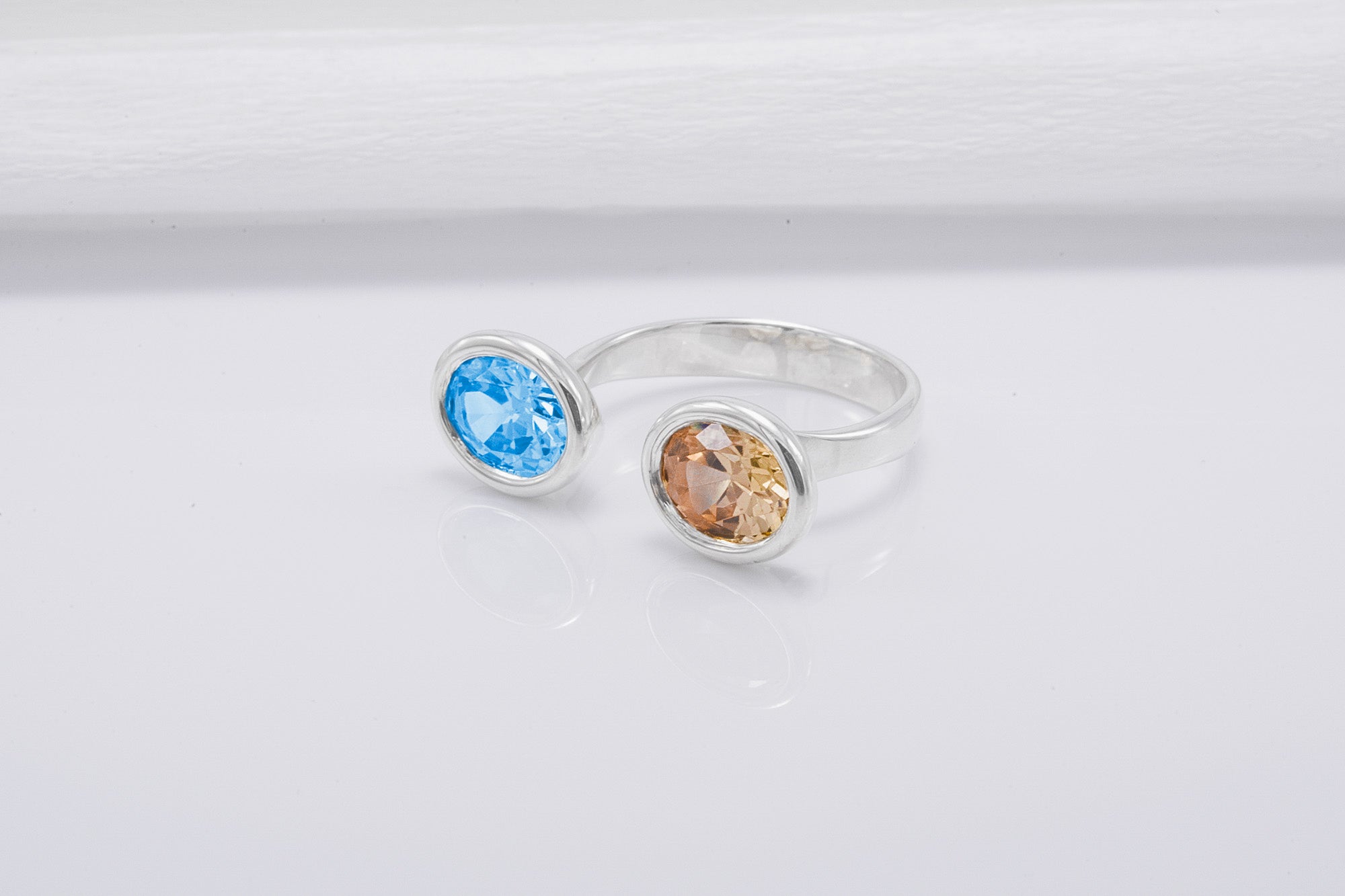 Minimalistic Sterling Silver Ring With Amber And Blue Gems, Handmade Jewelry - vikingworkshop