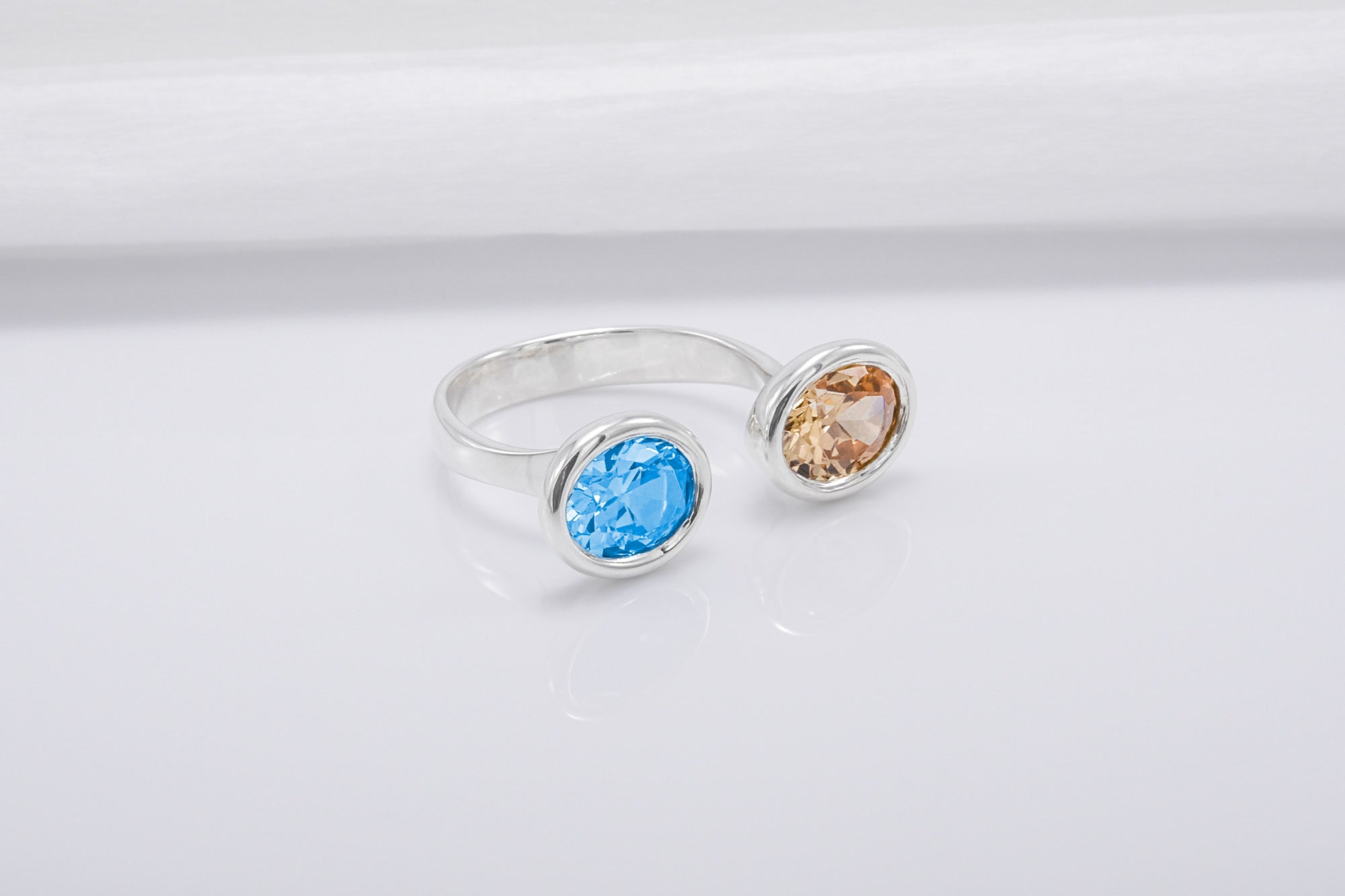 Minimalistic Sterling Silver Ring With Amber And Blue Gems, Handmade Jewelry - vikingworkshop