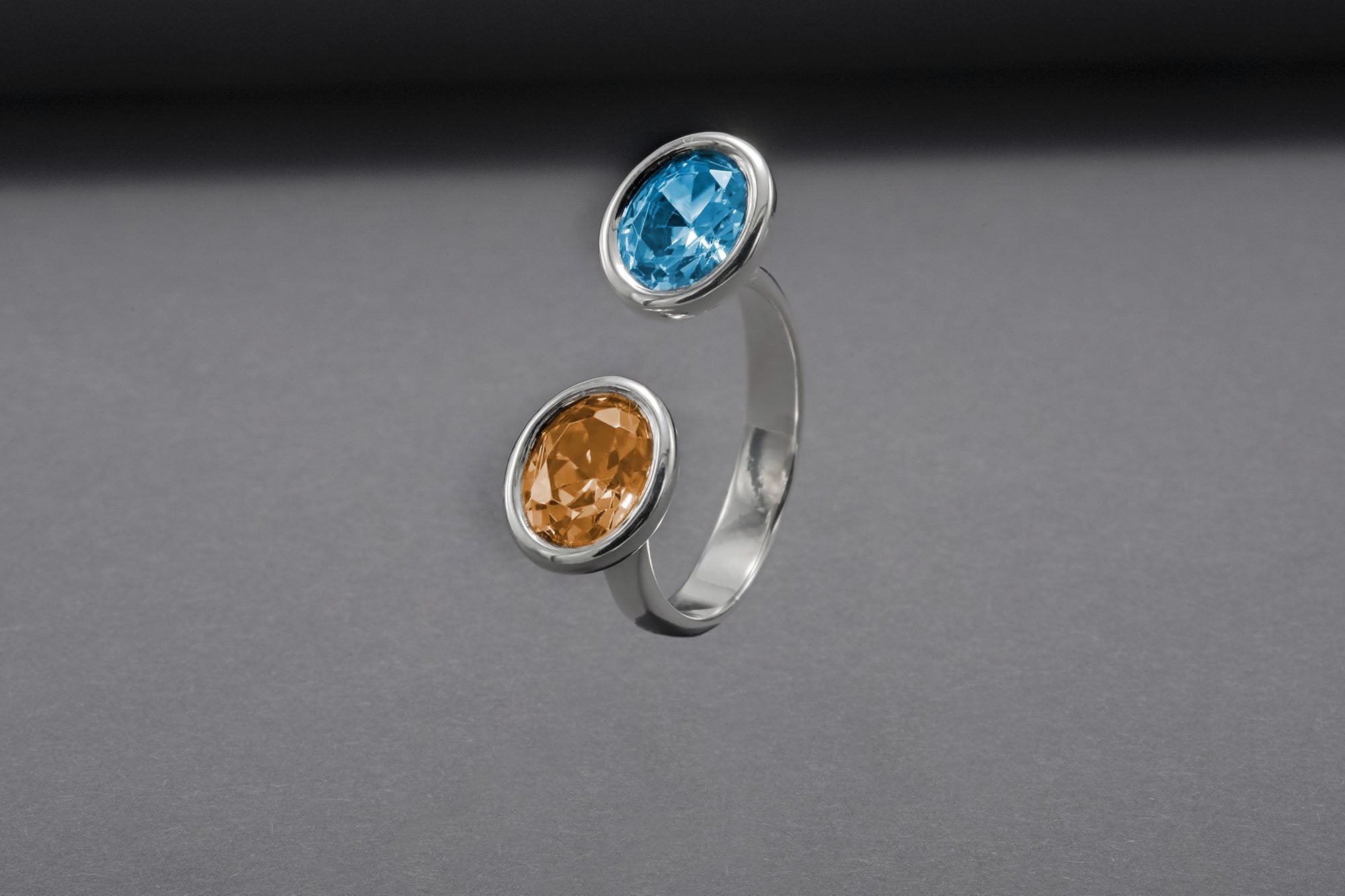 Minimalistic Sterling Silver Ring With Amber And Blue Gems, Handmade Jewelry - vikingworkshop