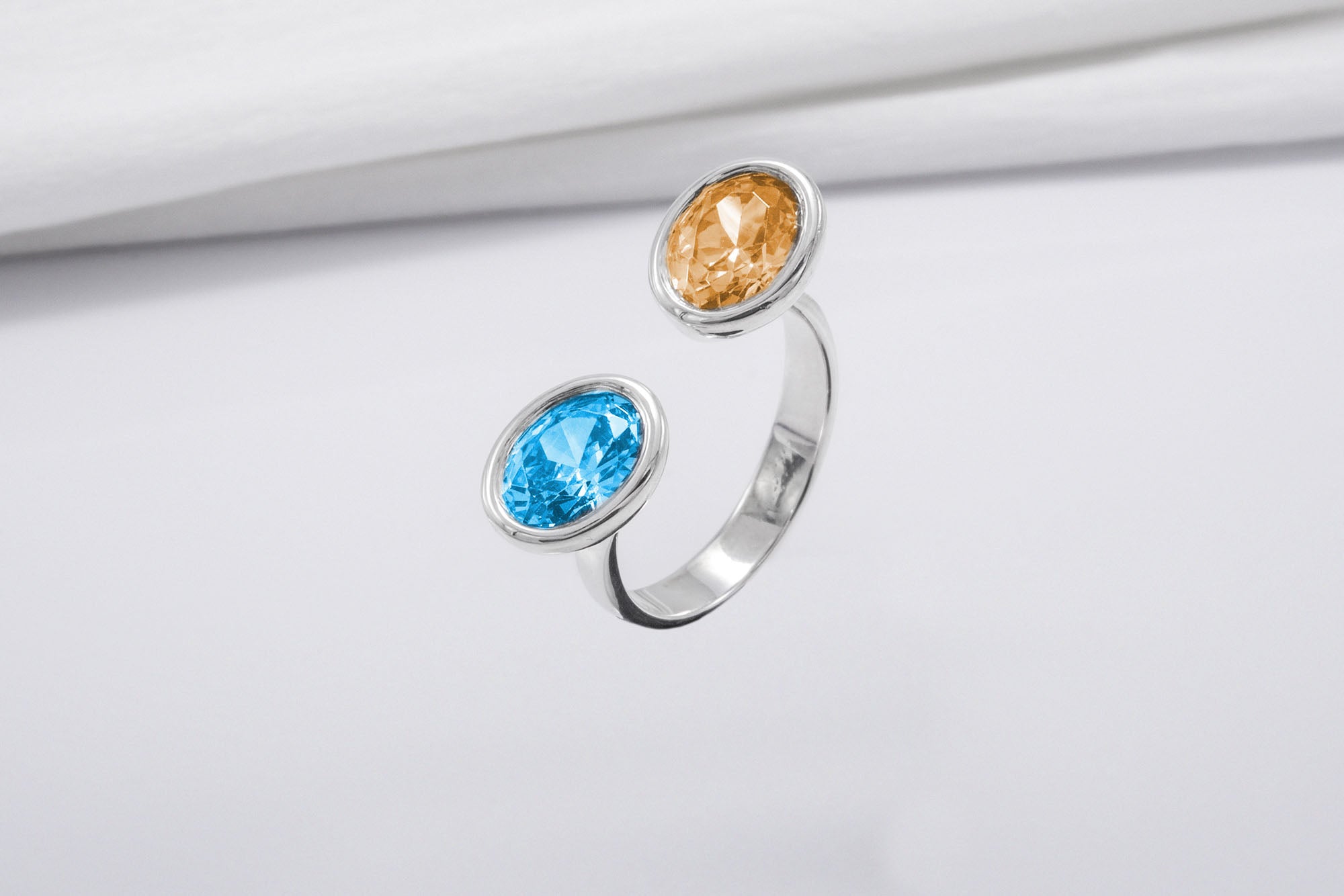 Minimalistic Sterling Silver Ring With Amber And Blue Gems, Handmade Jewelry - vikingworkshop