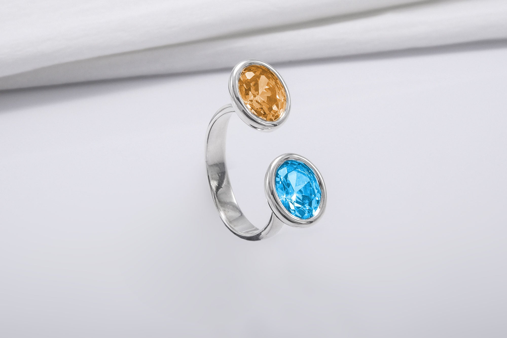 Minimalistic Sterling Silver Ring With Amber And Blue Gems, Handmade Jewelry - vikingworkshop