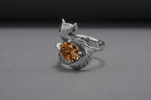 Minimalistic Cat 925 Silver Ring With Smoky Gem, Unique Handmade Jewelry - vikingworkshop