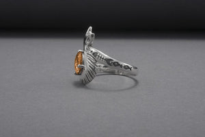 Minimalistic Cat 925 Silver Ring With Smoky Gem, Unique Handmade Jewelry - vikingworkshop