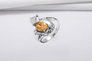 Minimalistic Cat 925 Silver Ring With Smoky Gem, Unique Handmade Jewelry - vikingworkshop