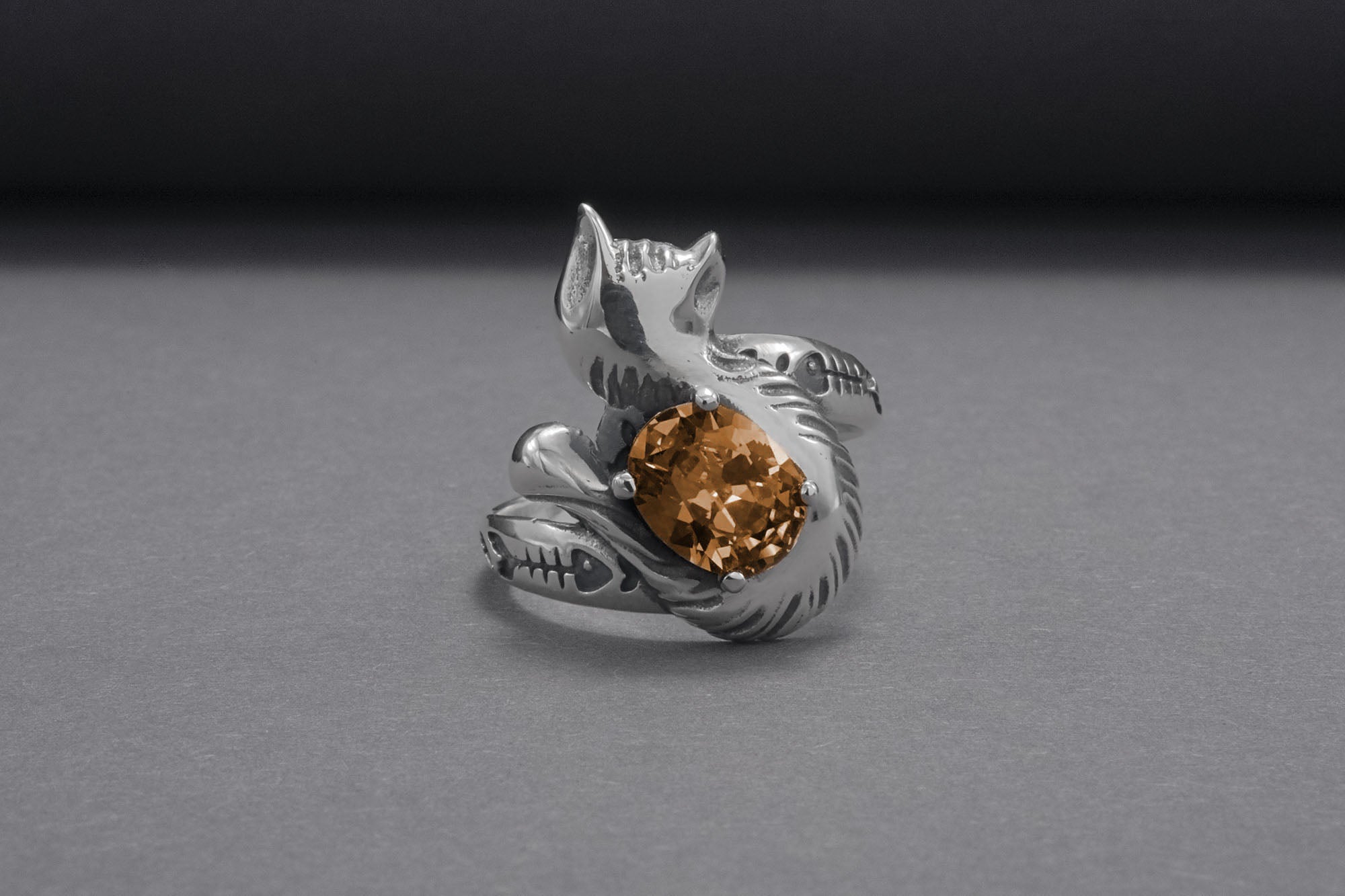 Minimalistic Cat 925 Silver Ring With Smoky Gem, Unique Handmade Jewelry - vikingworkshop