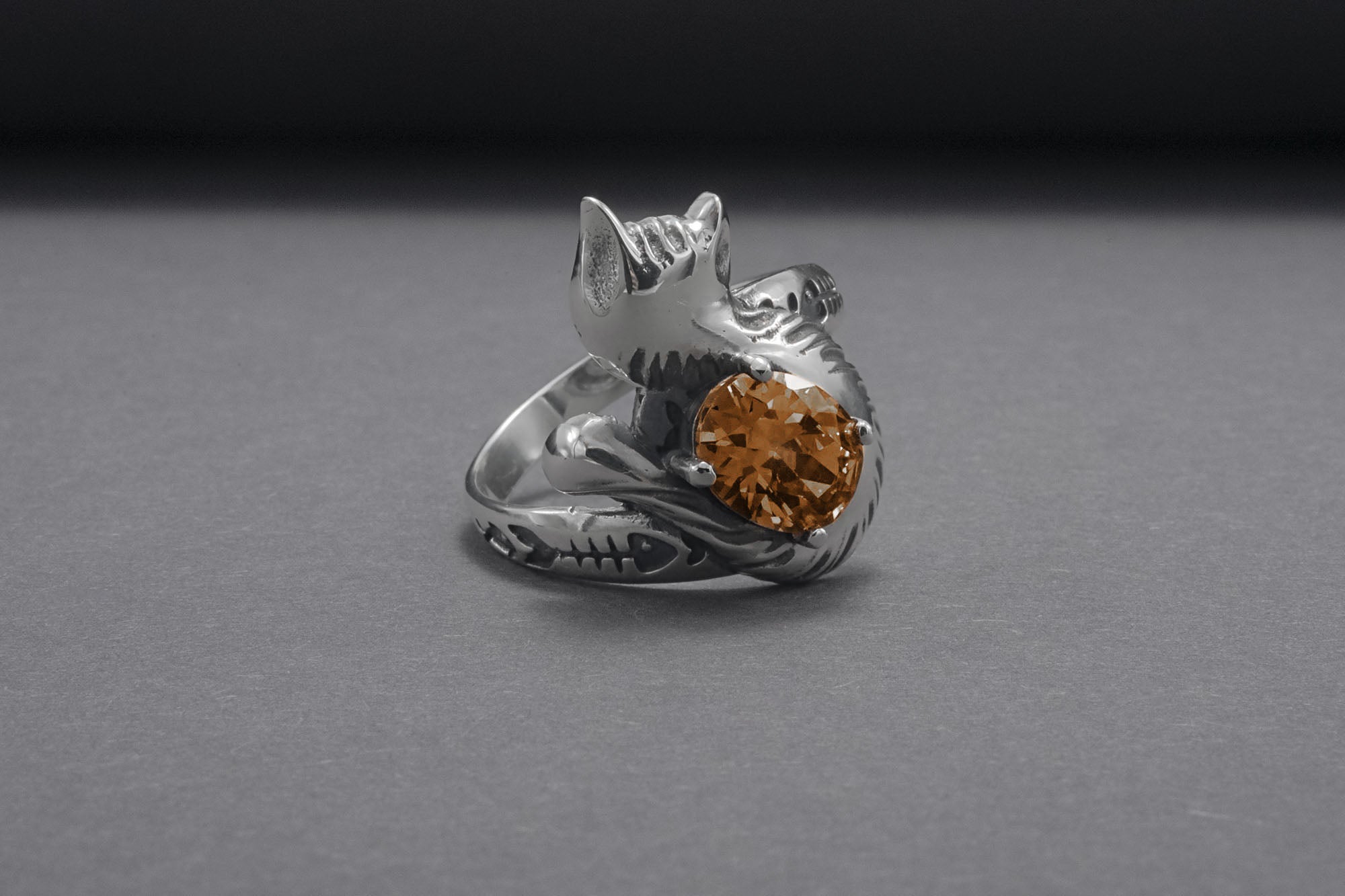 Minimalistic Cat 925 Silver Ring With Smoky Gem, Unique Handmade Jewelry - vikingworkshop