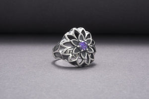 Unique Flower 925 Silver Ring With Purple Gems, Handcrafted Jewelry - vikingworkshop