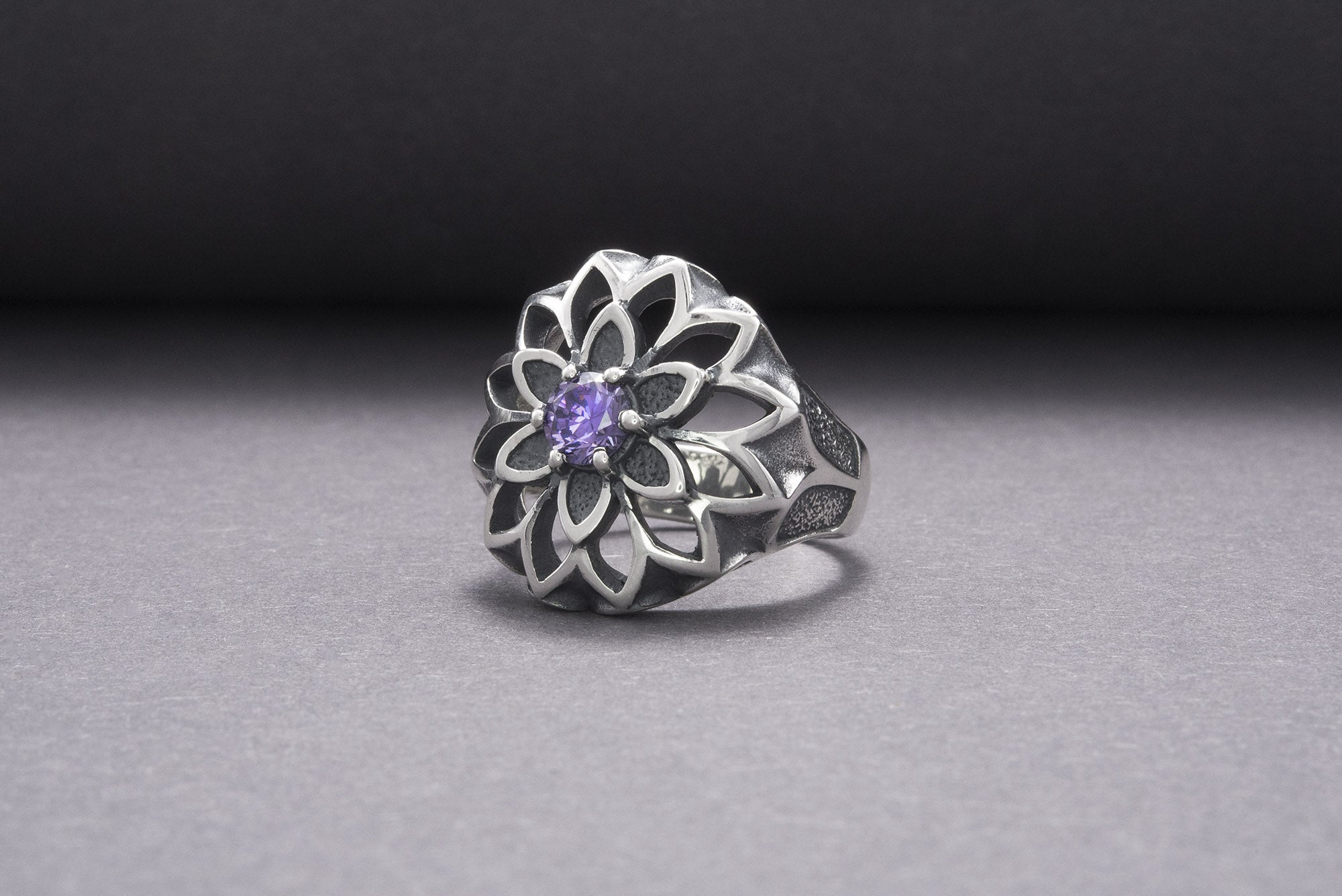 Unique Flower 925 Silver Ring With Purple Gems, Handcrafted Jewelry - vikingworkshop