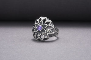 Unique Flower 925 Silver Ring With Purple Gems, Handcrafted Jewelry - vikingworkshop