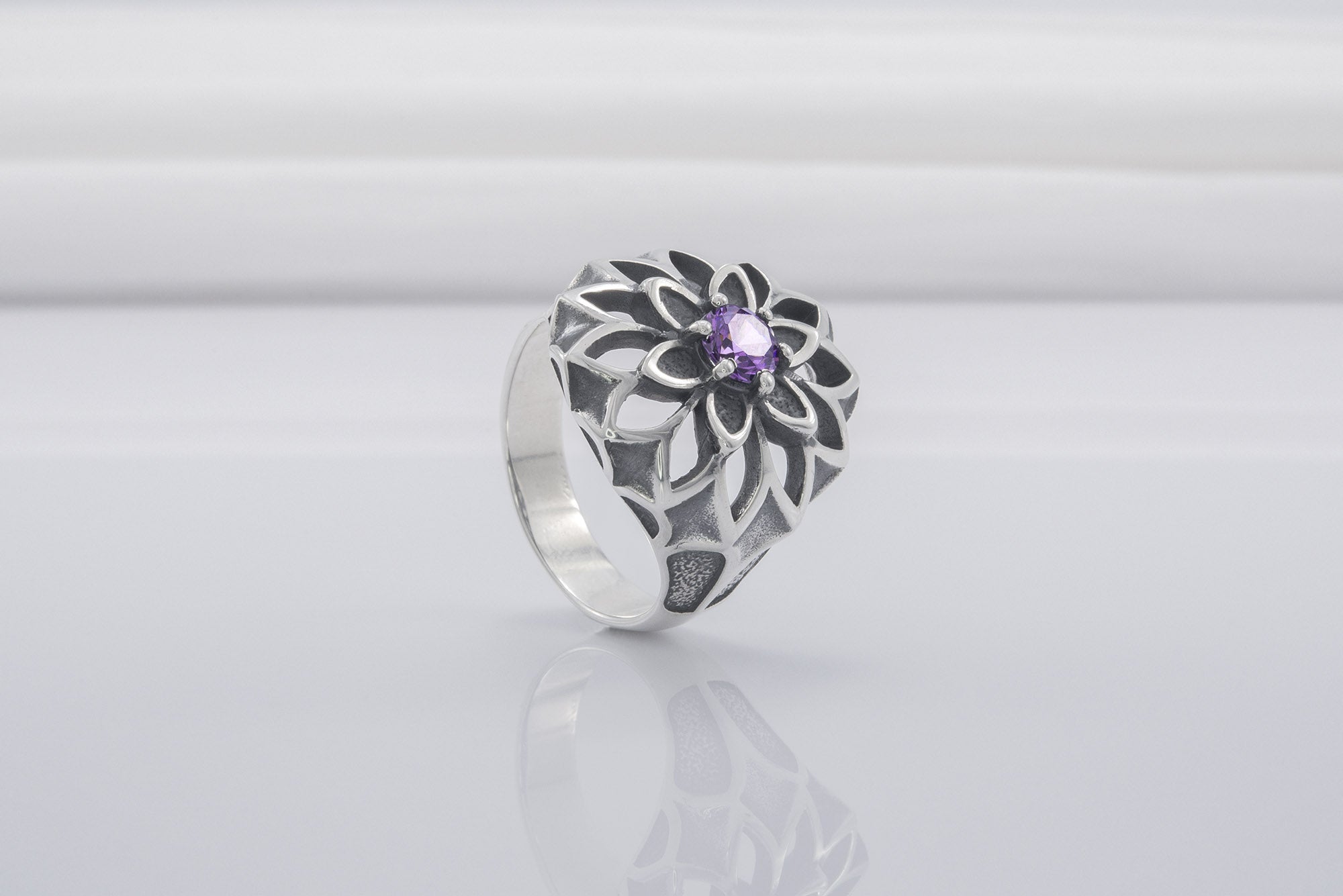 Unique Flower 925 Silver Ring With Purple Gems, Handcrafted Jewelry - vikingworkshop