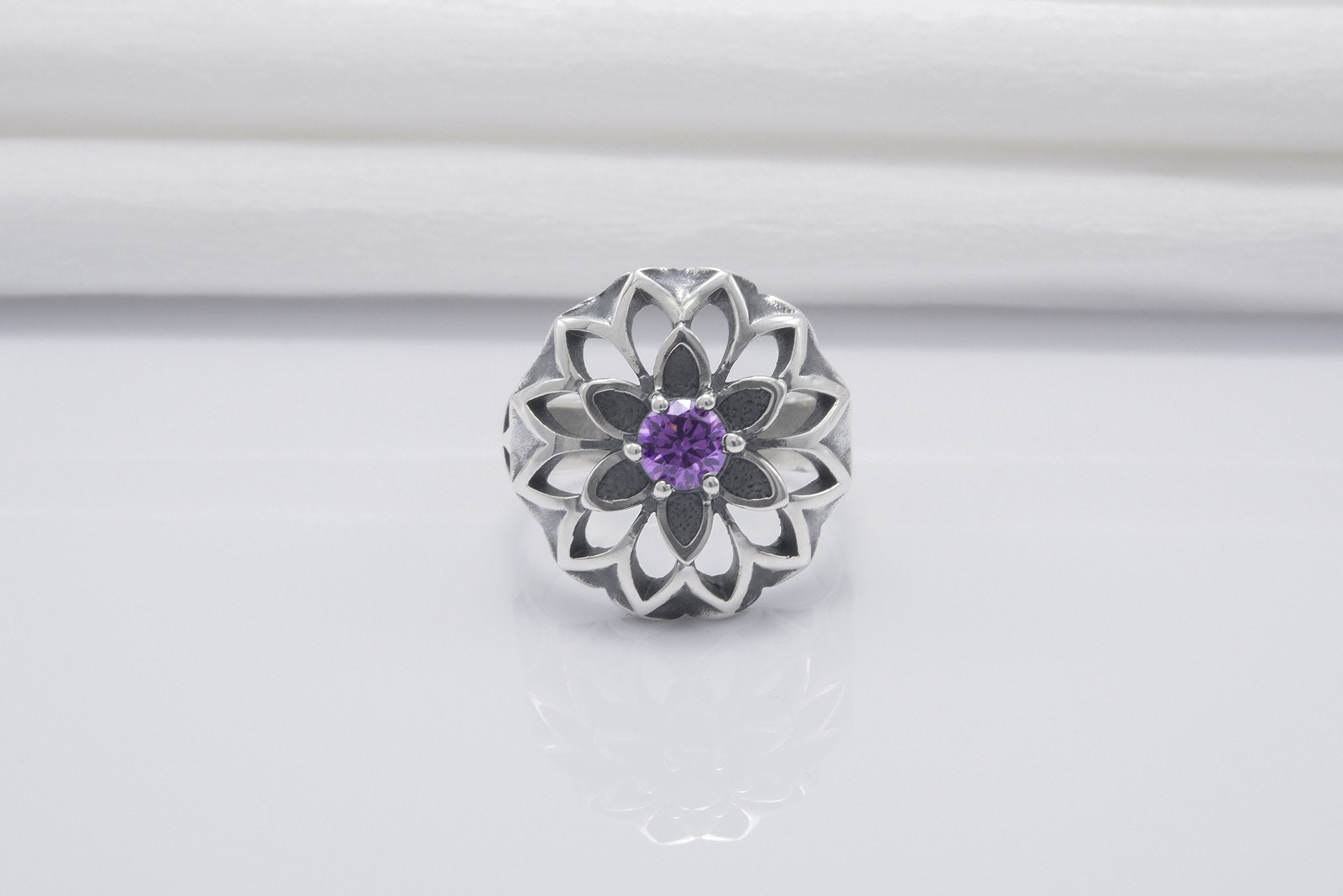 Unique Flower 925 Silver Ring With Purple Gems, Handcrafted Jewelry - vikingworkshop