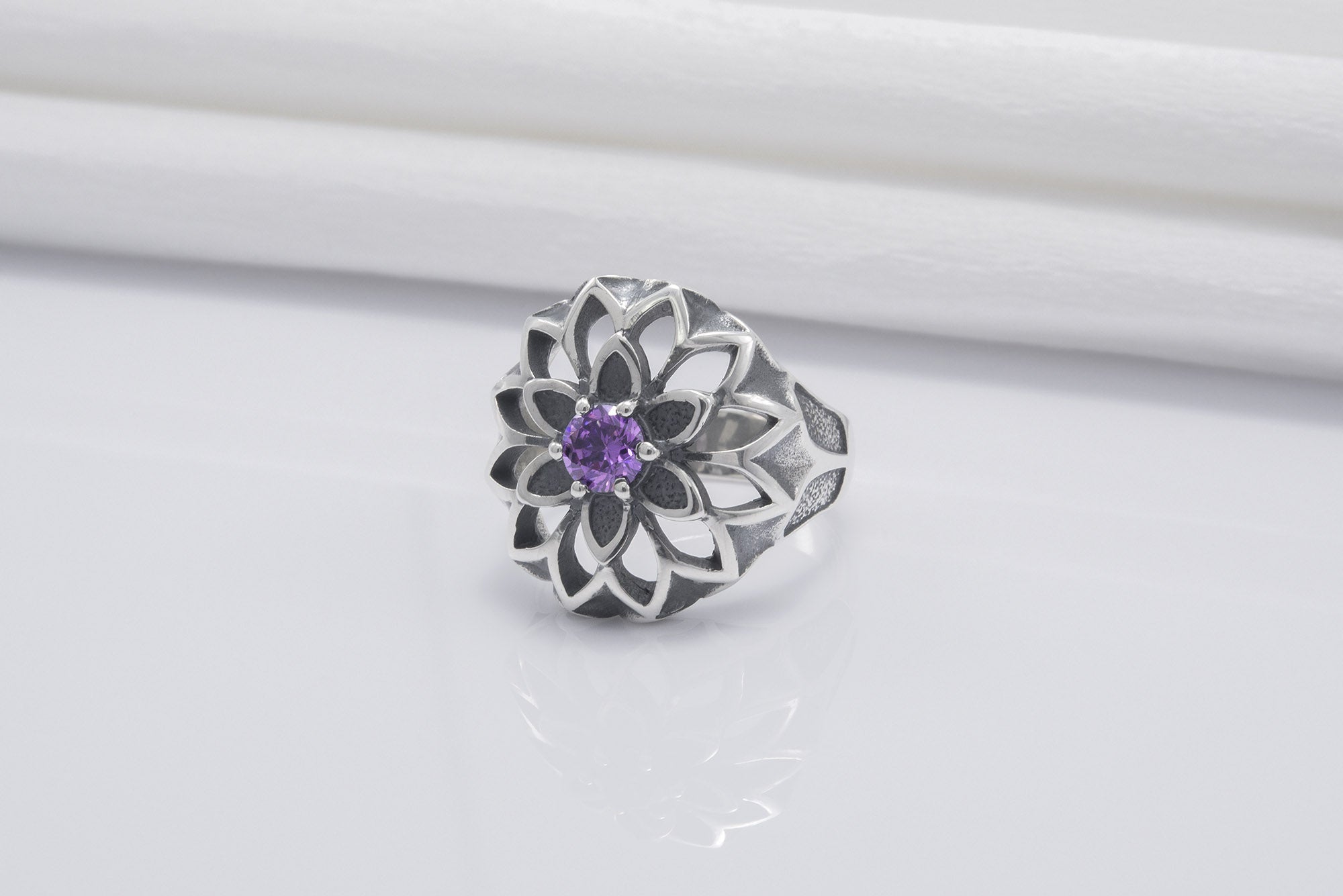 Unique Flower 925 Silver Ring With Purple Gems, Handcrafted Jewelry - vikingworkshop