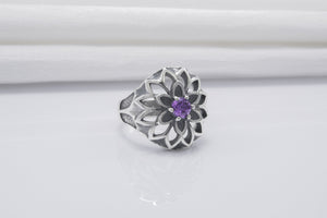 Unique Flower 925 Silver Ring With Purple Gems, Handcrafted Jewelry - vikingworkshop