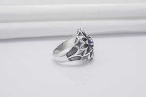 Unique Flower 925 Silver Ring With Purple Gems, Handcrafted Jewelry - vikingworkshop