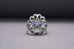 Unique Flower 925 Silver Ring With Purple Gems, Handcrafted Jewelry - vikingworkshop