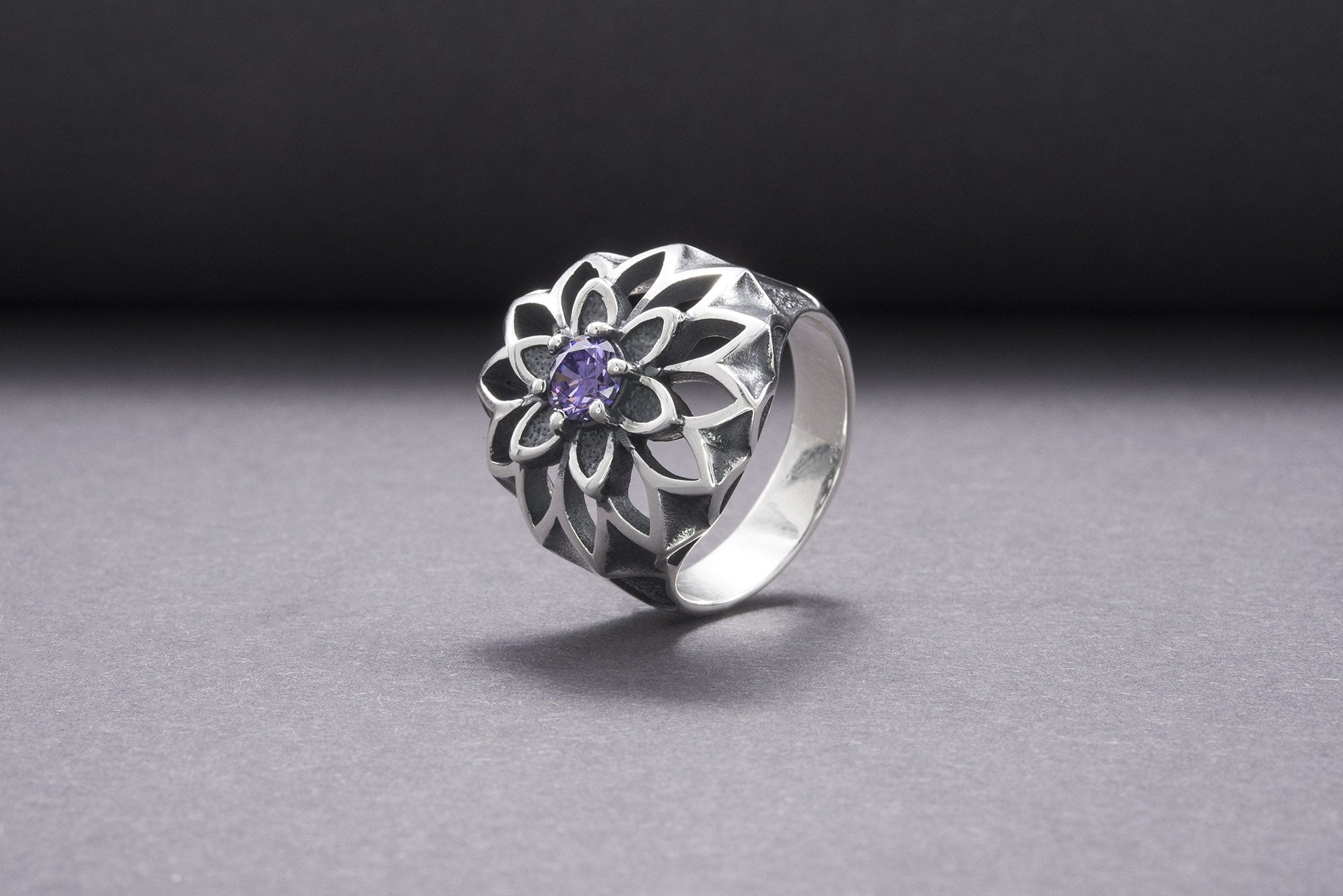 Unique Flower 925 Silver Ring With Purple Gems, Handcrafted Jewelry - vikingworkshop