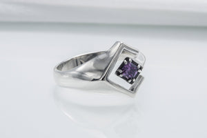 925 Silver Square Ring with Purple Gem, Handmade Classic Jewelry - vikingworkshop